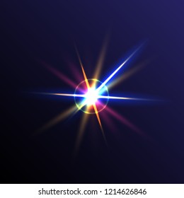 bright multicolored flash of light from the spotlight. isolated on dark background