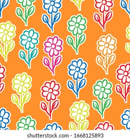 Bright multi-colored flowers isolated on an orange background. Vector graphic drawing. Seamless pattern. Texture.