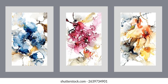 Bright multi-colored flowers on watercolor posters to create stylish florist shop design. Wild flowers growing in ecologically clean place are depicted in artworks that give summer mood in any season