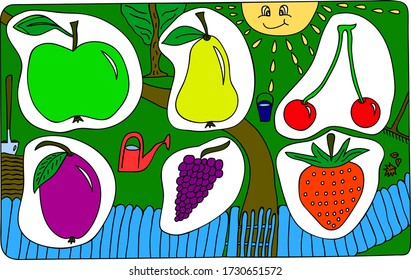 bright multi-colored fruits: apple, pear, cherry, plum, grapes and strawberries. for children’s game or illustration