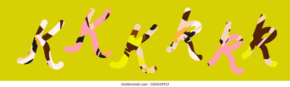 Bright multi-colored Funny Jungle Spotted letter K. Abstract vector design element of handwritten alphabet letter font. Childish animal leopard style.