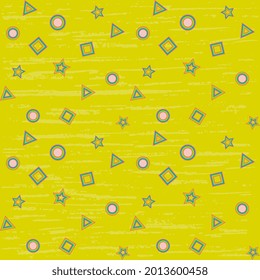 Bright multicolored geometric elements are scattered on a yellow background. Seamless vector pattern for hoop, surface, packaging, postcards. Festive illustration.