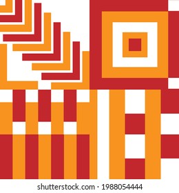 Bright multicolored geometric ornament. Background with orange and red geometric shapes