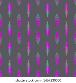 Bright multicolored geometric seamless pattern with vertical rows of small leaves. Repeat symmetrical botanical pattern. Vector illustration.