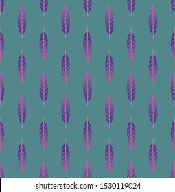 Bright multicolored geometric seamless pattern with vertical rows of small leaves. Repeat symmetrical botanical pattern. Vector illustration.