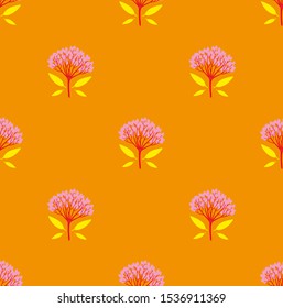 Bright multicolored geometric seamless pattern with staggered viburnum berries and tiny leaves. Repeat symmetrical chess grid order botanical pattern. Vector illustration.