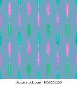 Bright multicolored geometric seamless pattern with vertical rows of small leaves. Repeat symmetrical botanical pattern. Vector illustration.