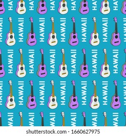 Bright multicolored geometric typographic seamless pattern with hawaiian guitars. Repeat symmetrical pattern. Vector illustration.