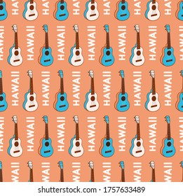 Bright multicolored geometric typographic seamless pattern with hawaiian guitars. Repeat symmetrical pattern. Vector illustration.
