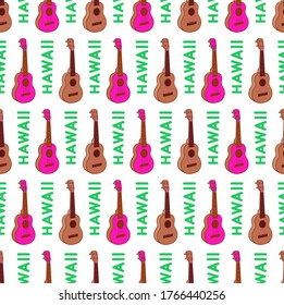 Bright multicolored geometric typographic seamless pattern with hawaiian guitars. Repeat symmetrical pattern. Vector illustration.