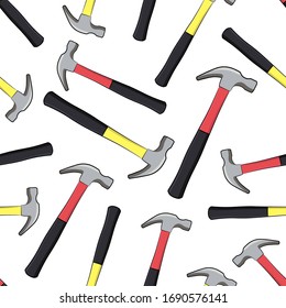 Bright multi-colored hammers with a rubber handle isolated on a white background. Seamless pattern. Hand drawn vector graphic illustration. Texture.