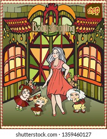 bright multicolored hand drawn illustration. happy large family. Mom and a lot of kids. funny cartoony amazing comic humorous characters. shop on the street. quiver full of children