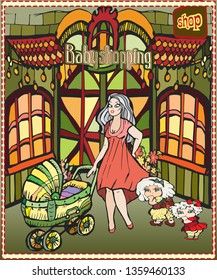 bright multicolored hand drawn illustration. happy large family. Mom and a lot of kids. funny cartoony amazing comic humorous characters. shop on the street. woman with baby stroller.