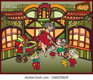 bright multicolored hand drawn illustration. happy large family. Mom and a lot of kids. funny cartoony amazing comic humorous characters. shop on the street. woman with baby stroller.
