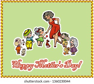 bright multicolored hand drawn illustration . happy large family. Mom and a lot of kids . funny cartoony amazing comic humorous characters. quiver full of children. card Mother's Day.  sti
