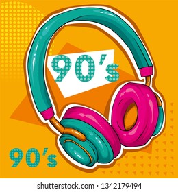 Bright, multi-colored headphones. Pop art poster. 90s, 80s. Vector illustration for greeting card or poster, print on clothes. Fashion and style, clothing and accessories.