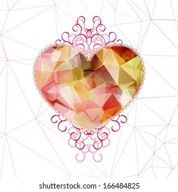 Bright multicolored heart with hipster triangle pattern and elegant curls on abstract geometric background