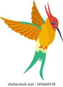 Un colibrí multicolor y luminoso, un pájaro pintado de varios colores naranja verde rojo. Ilustración vectorial aislada en fondo blanco.