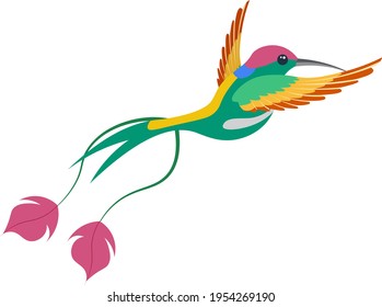 A bright multicolored hummingbird, a bird painted in several colors red green orange . Vector illustration isolated on white background.