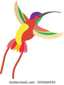 A bright multicolored hummingbird, a bird painted in several colors red green orange . Vector illustration isolated on white background.
