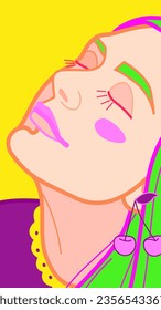 Bright multicolored illustration in the style of pop-art depicting a portrait of a girl with her eyes closed