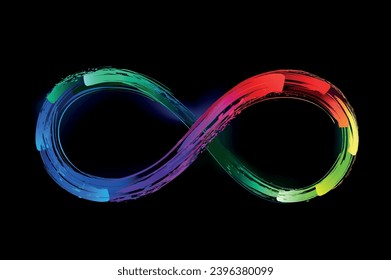 Bright, multicolored infinity symbol, painted with strokes of fluorescent paint, all colors of the rainbow. Glowing paint. Hand drawn vector art.