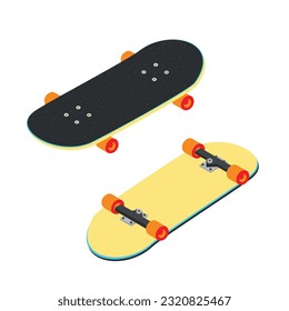 Bright multi-colored isometric skateboard with orange wheels, readings from the bottom and top side. Vector illustration isolated on white background.