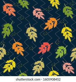 Bright multicolored leaves with decorative elements on a dark blue background, seamless pattern, vector