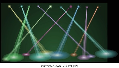 Bright multicolored light rays projection for music concert performance stage. Abstract vector background design with glowing spotlight effects display.