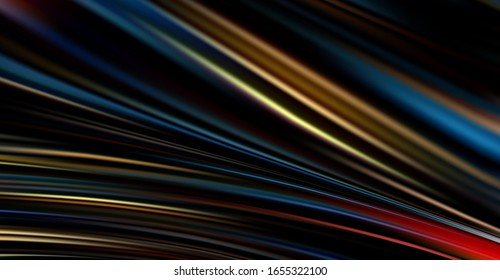 Bright multi-colored lines on a black background. Abstract wavy background. Liquid flows of waves.
