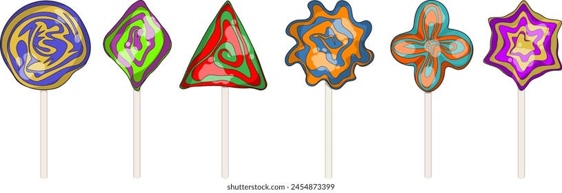 bright multi-colored lollipops, different shapes on a white background isolated