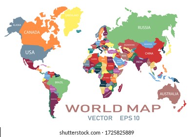 A bright, multi-colored map of the world divided into countries. Colorful map on a light background.
Countries and continents. Stock vector.