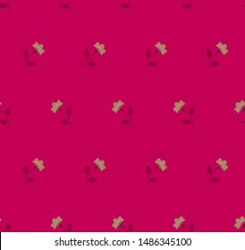 Bright multicolored minimalist repeat botanical pattern. Horizontal rows of flowers with stems and leaves. Symmetrical geometric seamless pattern. Vector illustration.
