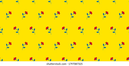 Bright multicolored minimalist repeat botanical pattern. Horizontal rows of flowers with stems and leaves. Symmetrical geometric seamless pattern. Vector illustration.