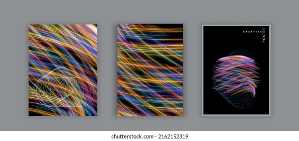 Bright Multi-colored Neon Lines On A Black Background.  Background Line Art Patterns. Vector Template Brochures, Flyers, Presentations, Leaflet, Magazine A4 Size