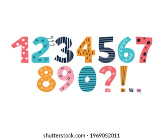 Bright multi-colored numbers with punctuation marks in the style of doodles on a white background. Cute vector set from 0 to 9, Decor for children's posters, postcards, clothing and interior