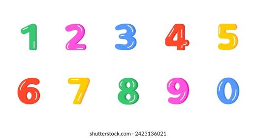 Bright multi-colored numbers from zero to nine for greeting, invitation cards and design. Vector set on white isolated background in cute childish style.