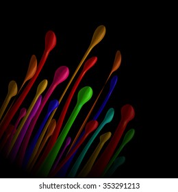 Bright multi-colored paint on a black background, a large flow breaks their bottom left corner.