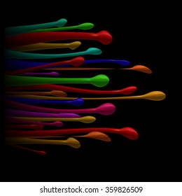 Bright multi-colored paint on a black background, a large flow of break with the left side.