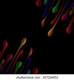Bright multi-colored paint in small droplets flow breaks from opposite corners on black background.