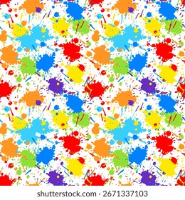 Bright multicolored paint spots on a white background. Seamless pattern, print, vector illustration