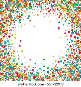 Bright multicolored pastel circles on a white square background. Vector colorful round confetti splash isolated on white background. Template for design postcards, wedding, birthday, invitation.