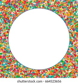 Bright multicolored pastel circles on a white square background. Vector colorful round confetti splash isolated on white background. Template for design postcards, wedding, birthday, invitation.