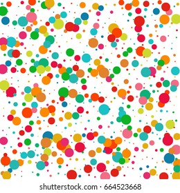 Bright multicolored pastel circles on a white square background. Vector colorful round confetti splash isolated on white background. Template for design postcards, wedding, birthday, invitation.