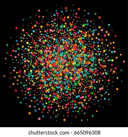 Bright multicolored pastel circles on a black square background. Vector colorful round confetti splash isolated on black background. Template for design postcards, wedding, birthday, invitation.