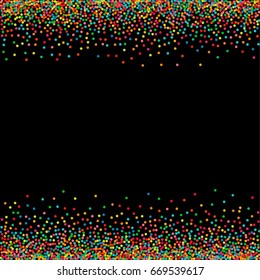 Bright multicolored pastel circles on a black square background. Vector colorful round confetti splash isolated on black background. Template for design postcards, wedding, birthday, invitation.