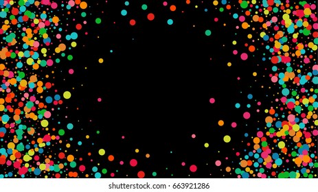 Bright multicolored pastel retro circles on a black horizontal background. Vector colorful round confetti splash isolated on black background. Template for postcards, wedding, birthday, invitation.