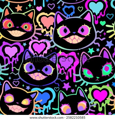 Bright multicolored pattern with crazy smiling cat heads and hearts