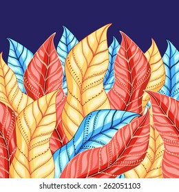 bright multicolored pattern of leaves on a dark blue background