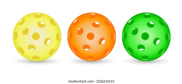 Bright multicolored Pickleball balls. Pickleball Sports equipment for outdoor games. Active sports for elderly. Vector 3d illustration on white background	